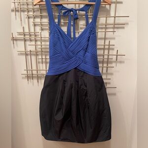 BCBGMaxAzria Royal Blue and Black Pleated Crossover Mini Dress
